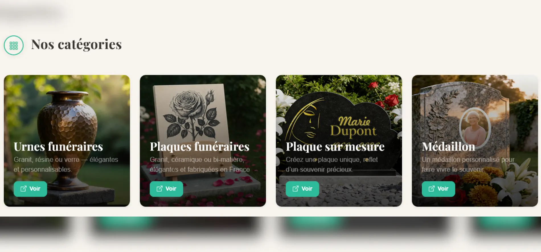 Catégories de la boutique en ligne : urnes funéraires, plaques funéraires, plaque sur mesure et médaillon personnalisable