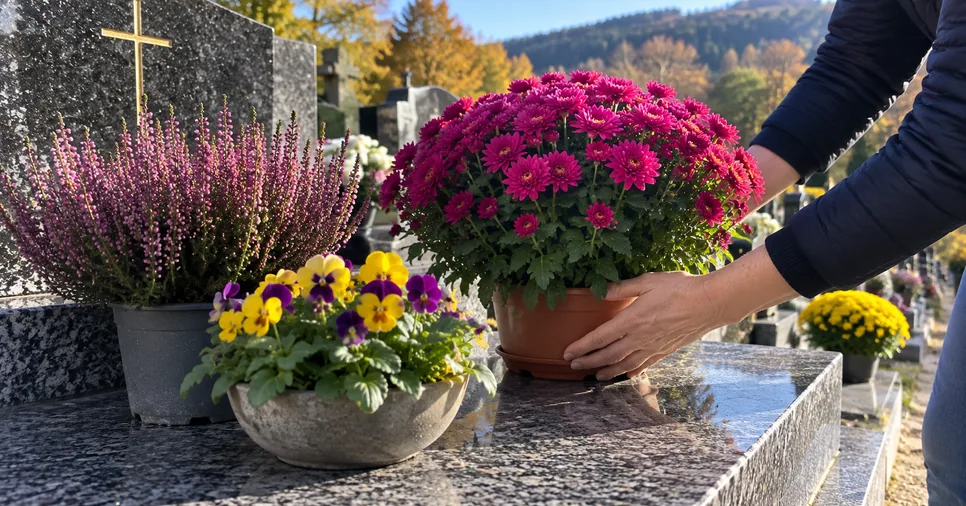 Chrysanthèmes, bruyère et pensées déposés sur une tombe pour la Toussaint