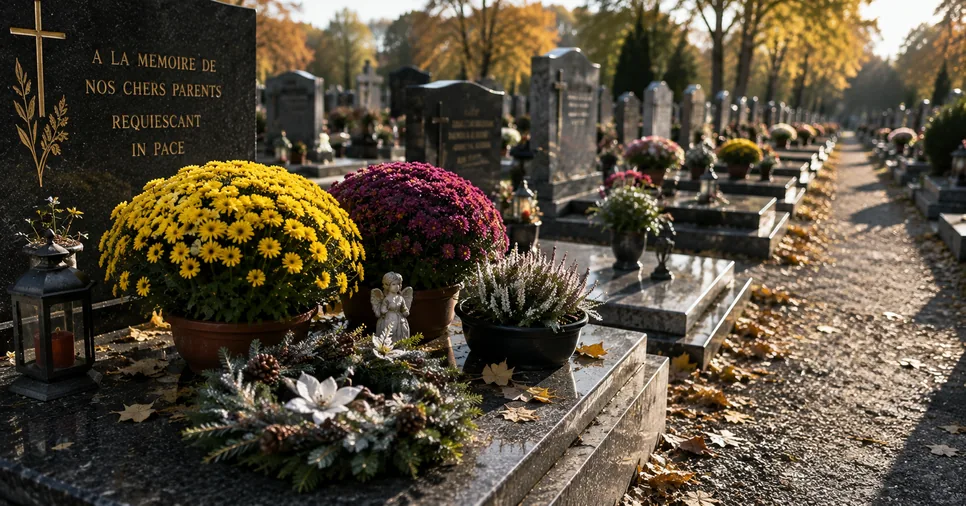 Tombe fleurie de chrysanthèmes pour la Toussaint dans un cimetière d'Alsace en automne